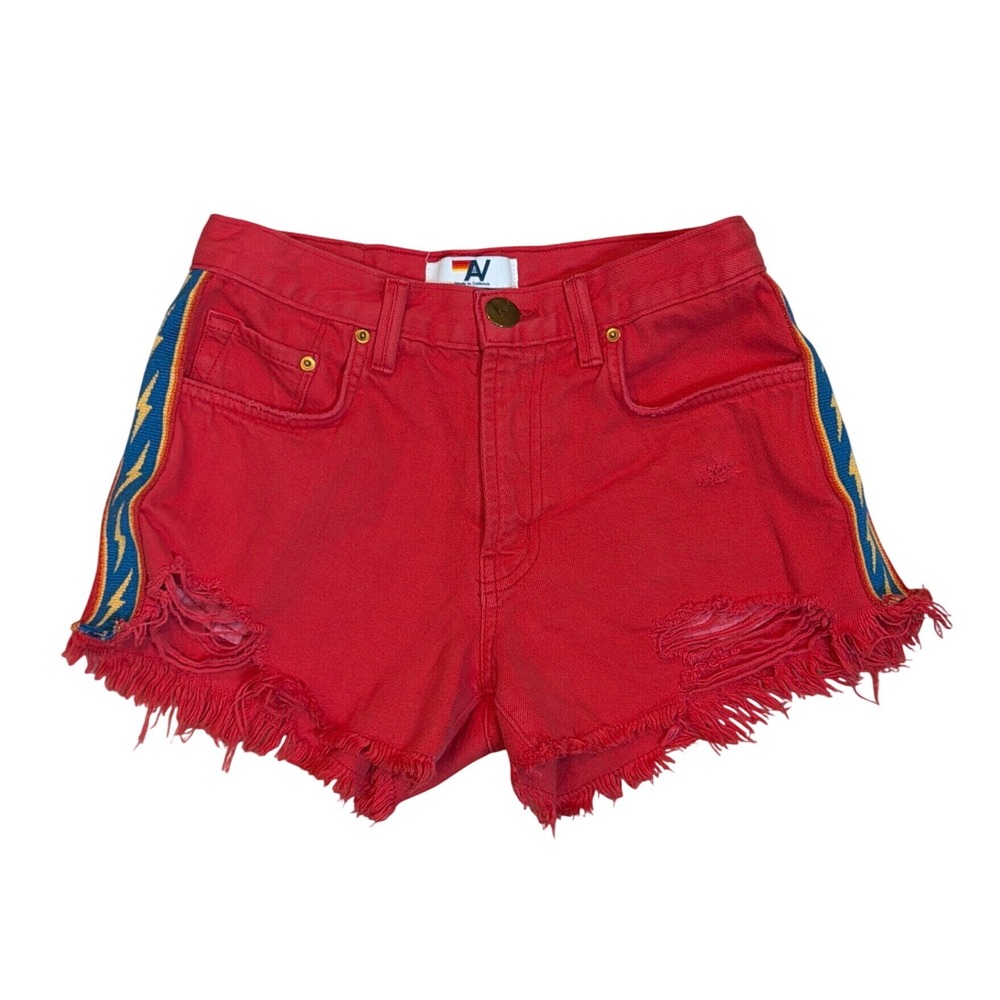 Aviator Nation Red Denim Shorts Lightning Bolt Side Stripe Distressed Cotton 26